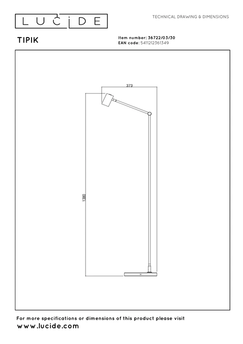 Lucide TIPIK - Rechargeable Floor lamp - Battery pack- LED 3 StepDim - 1x3W 2700K - Black - technical